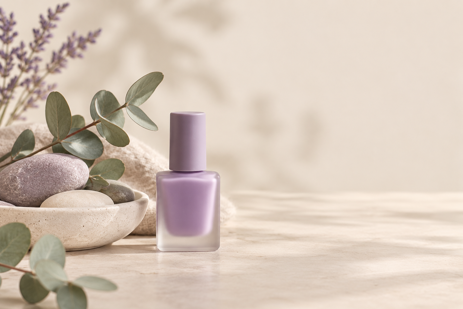 Illustrative still life: lavender nail polish bottle with spa stones and eucalyptus on a bone background