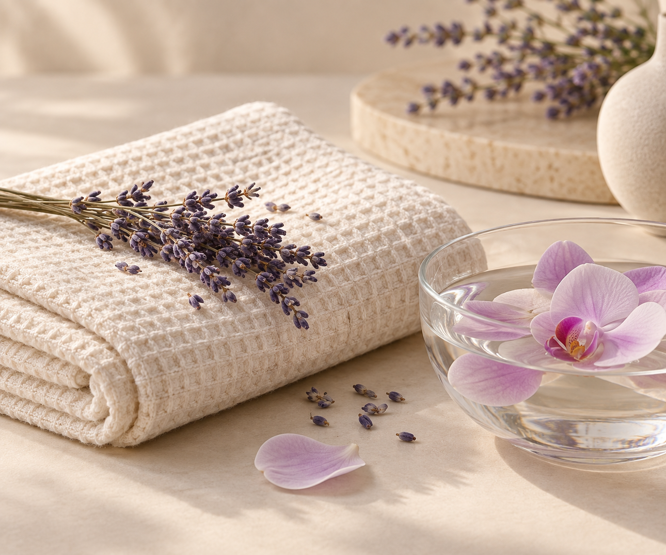 Illustrative still life: folded cream towel with dried lavender and orchid petals